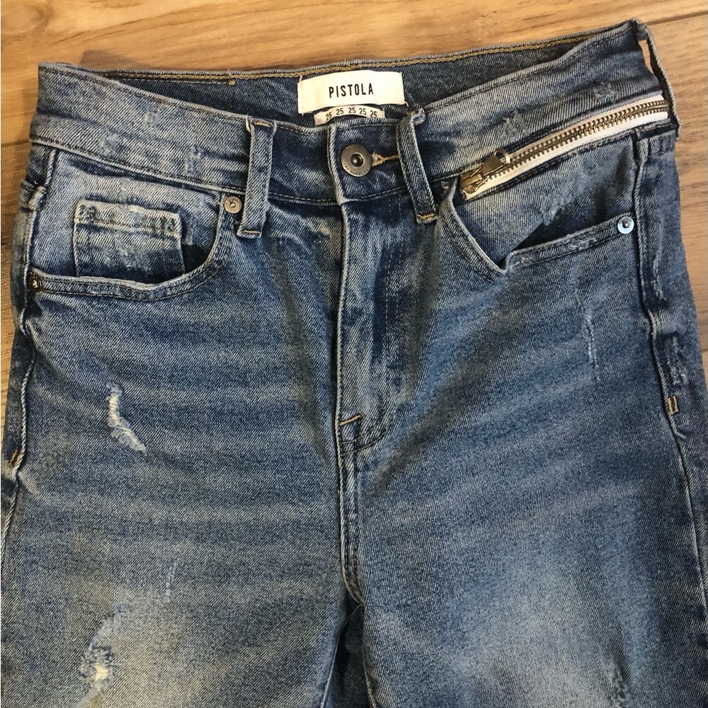 PISTOLA HIGH WAISTED SKINNY RAW EDGE HORIZ DECOR ZIPPER BELOW WSTBND SZ 25 JEAN
